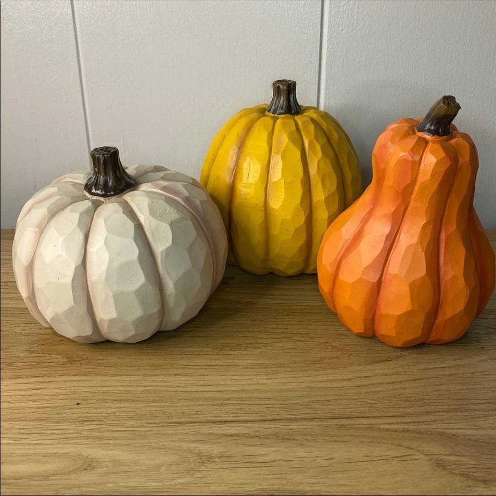 3 Fall Colors Faux Carved Wooden Pumpkins